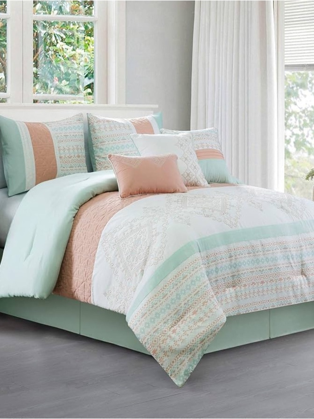 Pastel Mint and Peach Geometric 7 piece king comforter set